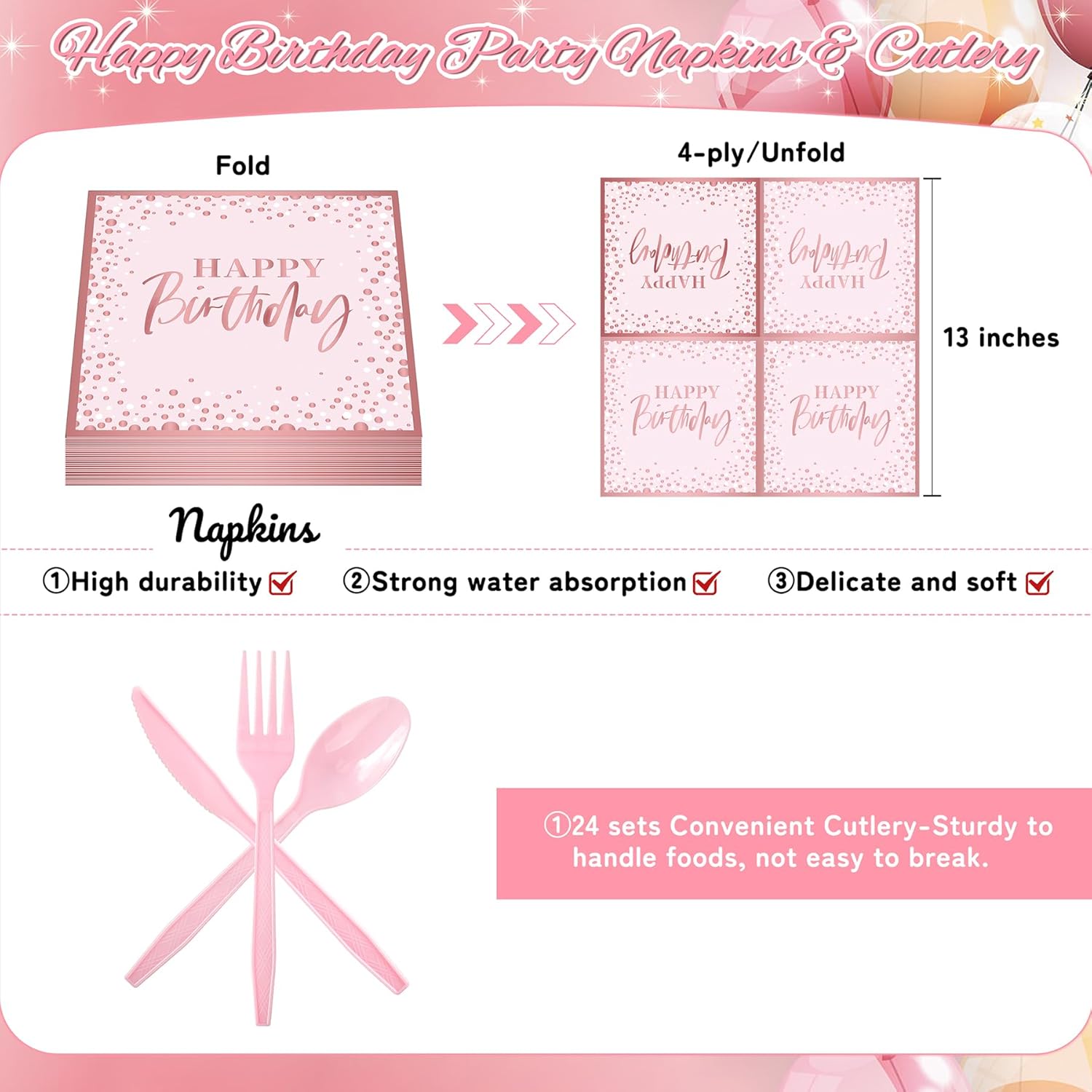 Pink and Rose Gold Happy Birthday Party Plates Set, 168PCS Dots Paper Plates Napkins Cups and Pink Cutlery, 24 Set Disposable Tableware for Birthday Baby Shower Party Decorations