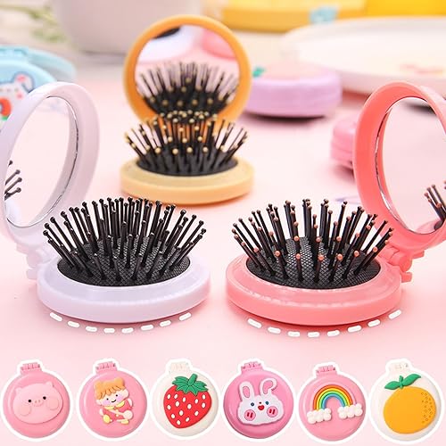 Miniatura 2 de Cepillo de pelo de viaje, peine de bolsillo con mini espejo, cepillos de pelo plegables compactos, redondos, mini peine de masaje compacto para