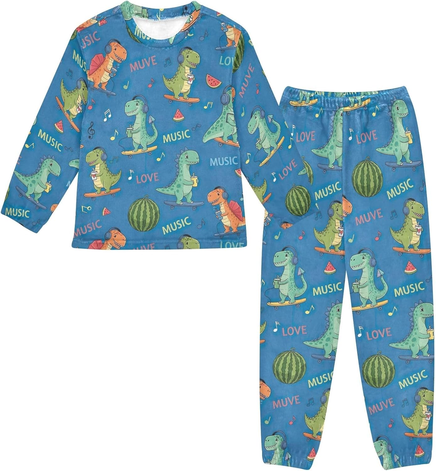 Cartoon Dinosaur Listening Music Plush Pajama Set, Soft Coral Fleece Winter Loungewear