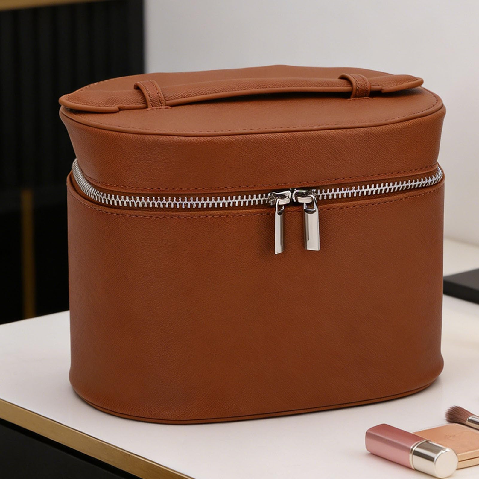Focket Borsa Toilette Viaggio, Organizer per Trucco in Pelle PU (Marrone