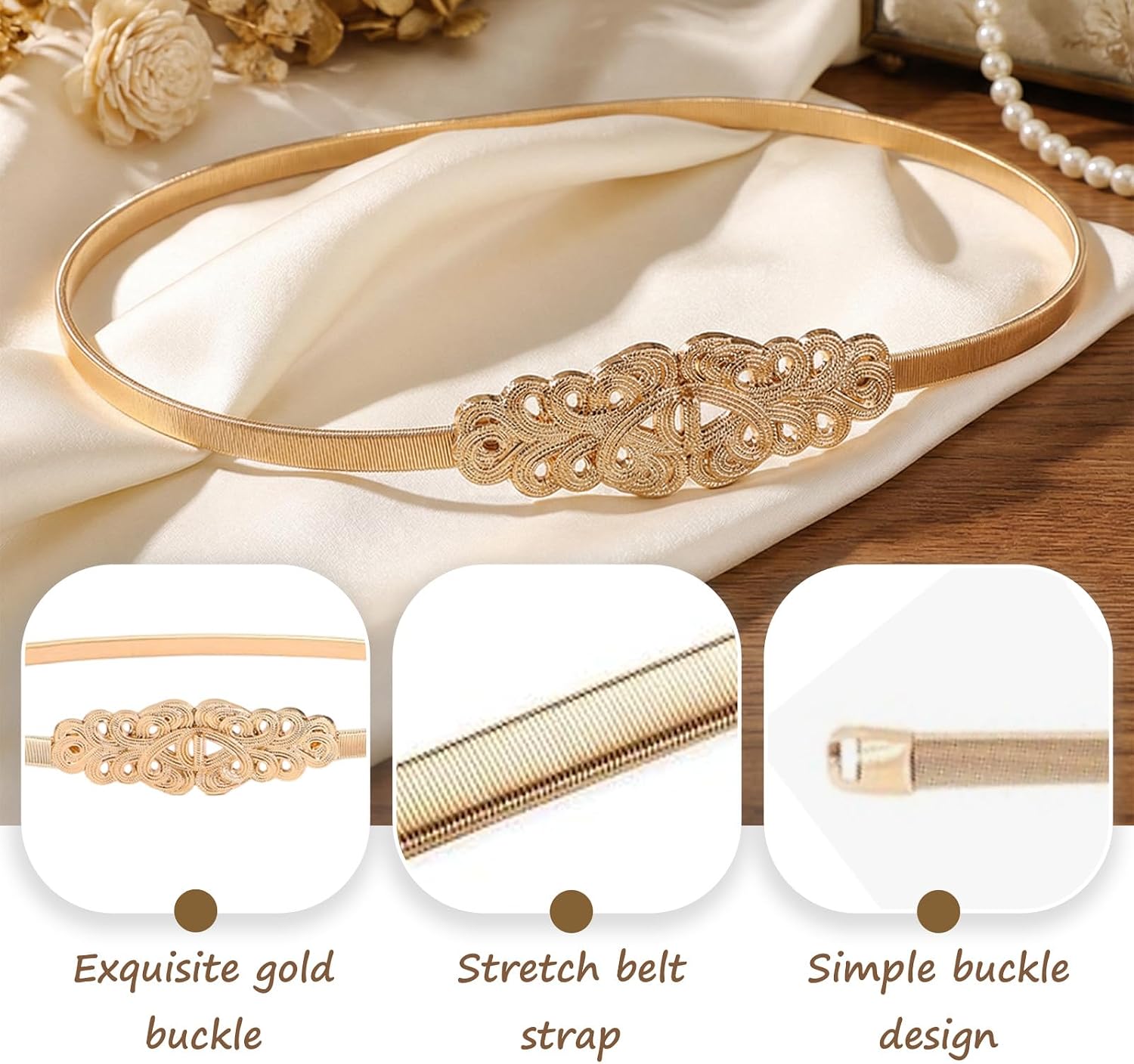Dimore Women Fancy Belts for Dresses - Gold Metal Stretch Skinny Belt, Adjustable Band for Evening Wear & Party Dresses
