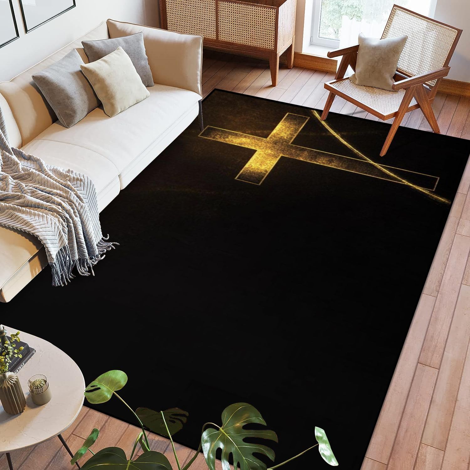 Area Rug Roman Christian Cross Looped Black Gold Graphic Background Washable 6x9 feet Large Rugs for Bedroom Kitchen Living Room Non Slip Outdoor Carpets Soft Mats for Home Playroom Decor