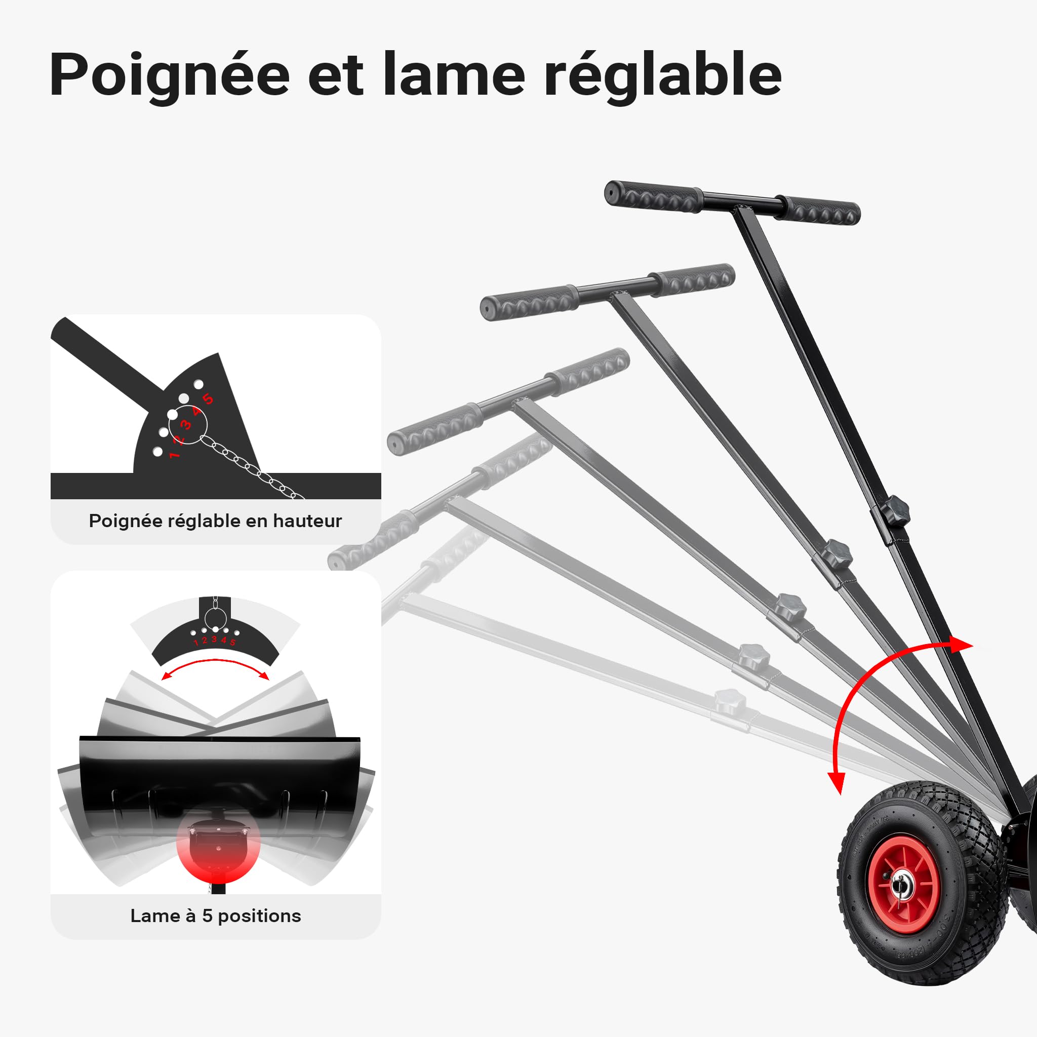 Wiltec Pelle à Neige sur Roues gonflables – Lame de 74 x 43 cm – Longueur poignée 100 cm – en PVC et Acier – Chasse Neige Manuel pour déneigement