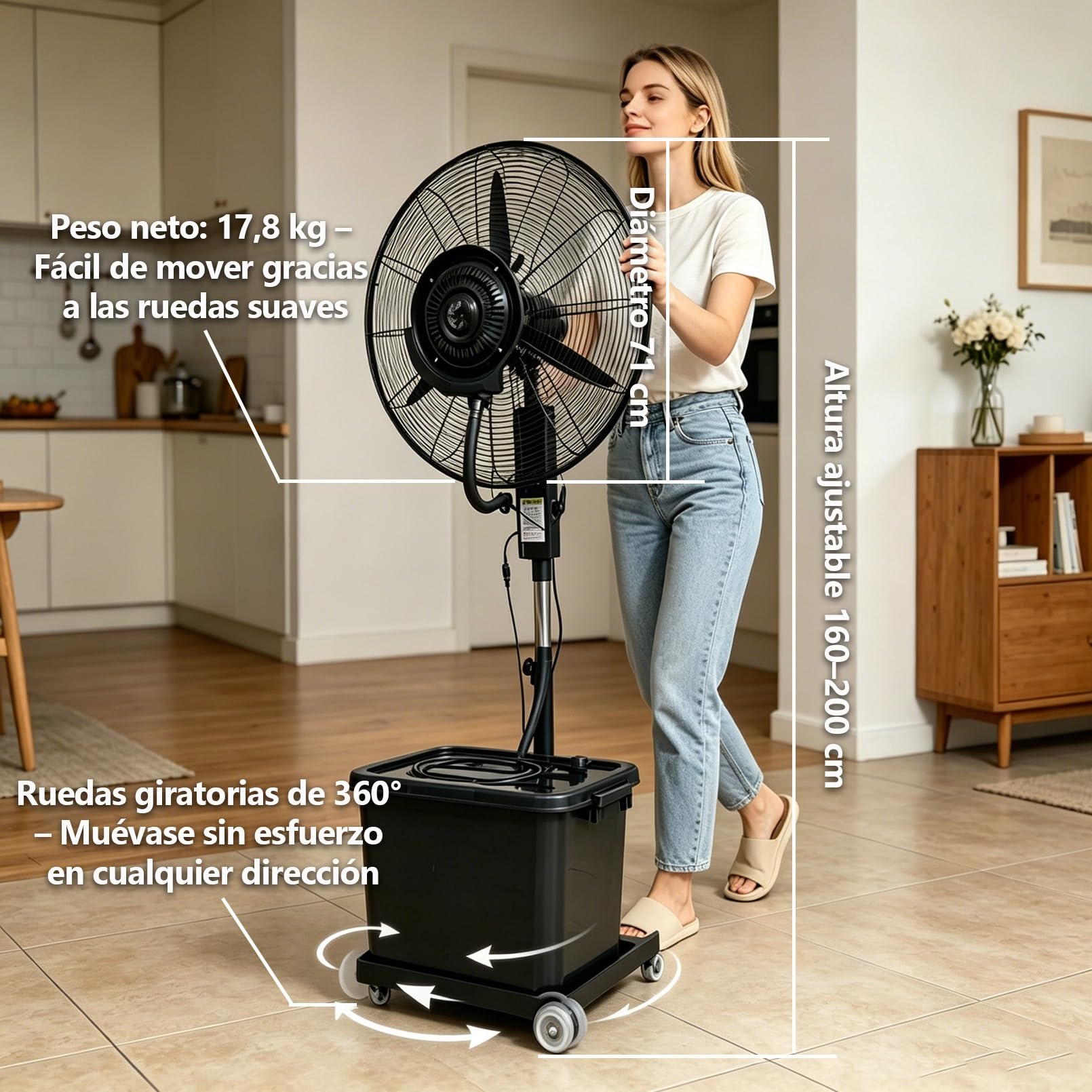 Ventilador Humidificador 42L con Nebulizador, 3 Velocidades, Altura Regulable 160-200cm, Oscilación 90°, Ruedas Pivotantes, Enfriador De Aire Portatil Ventiladores de Pie con Agua para Oficina(⌀71cm)