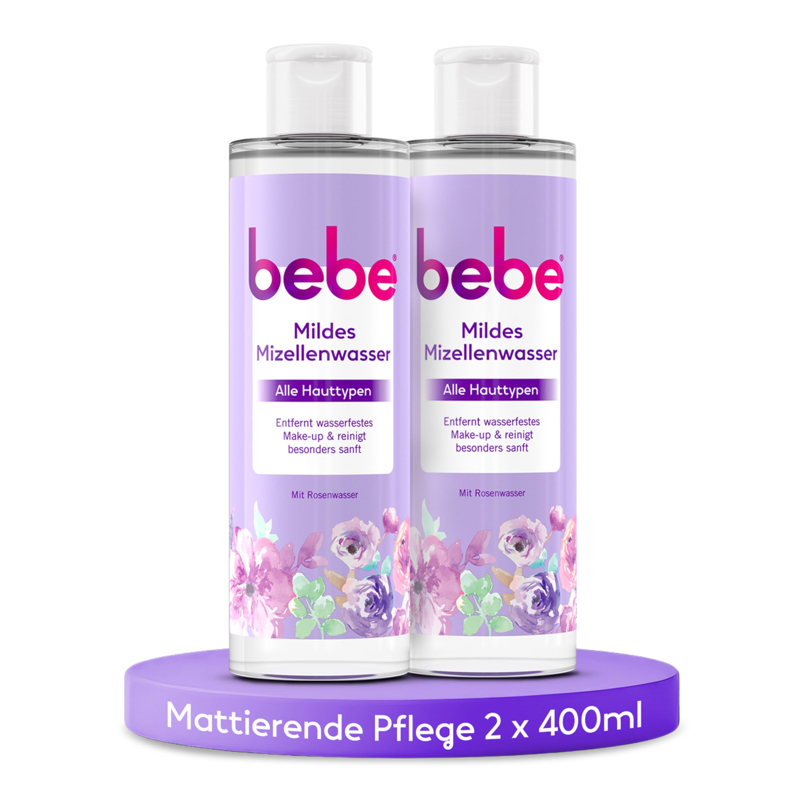 bebe Gentle Micellar Water (400 ml), Revitalising Micellar Cleansing Water with Rose Water, Removes Even Waterproof Makeup (Pack of 2)