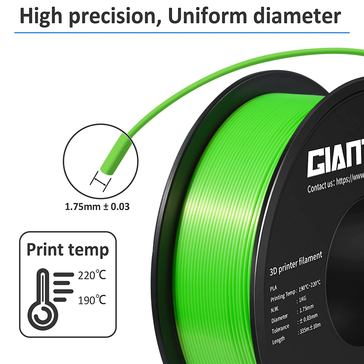 GIANTARM Filamento PLA 1.75mm Silk Verde, Stampante 3D PLA Filamento 1kg Spool