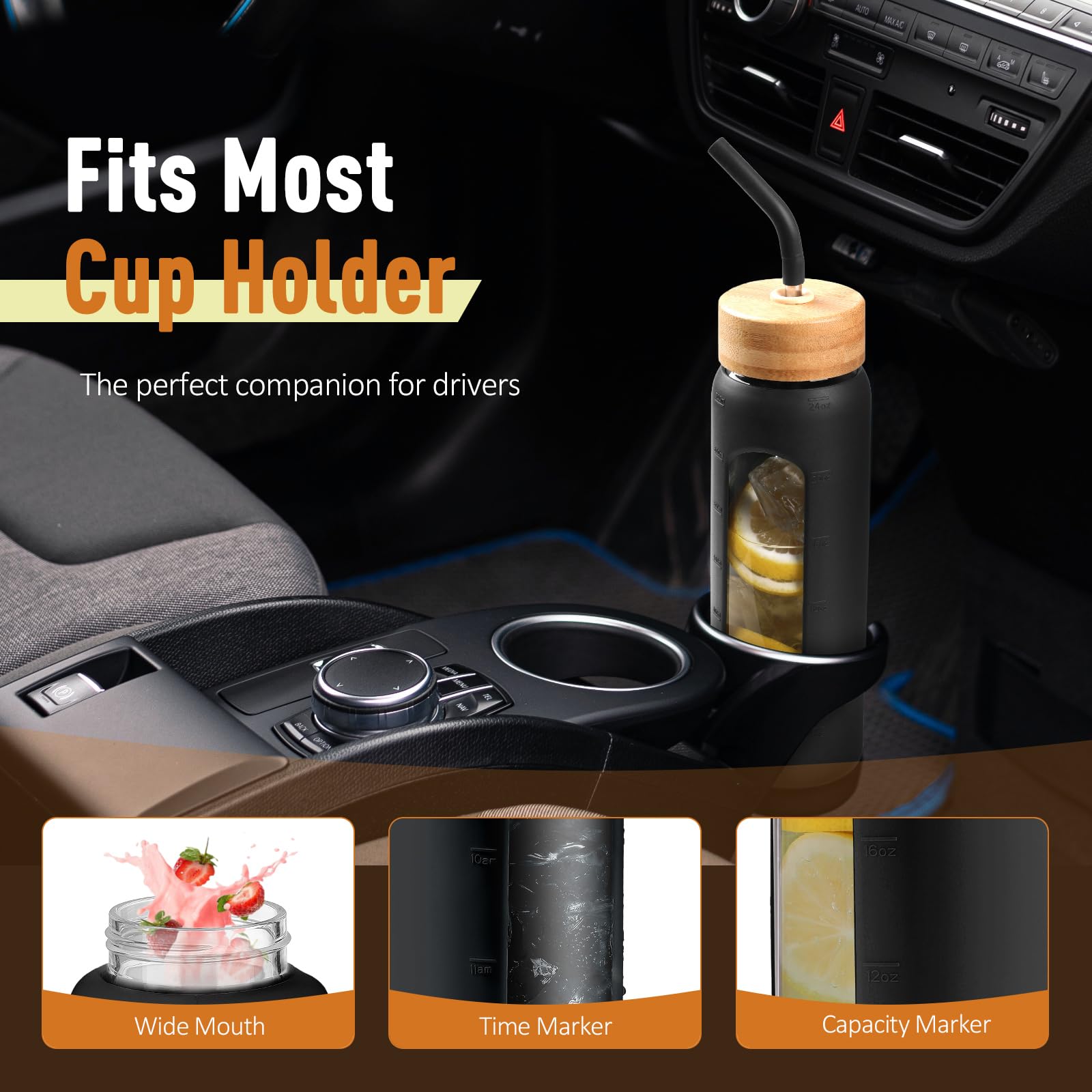 BLUEGO Borraccia Vetro 700ml con 2 Coperchi e Cannuccia, Sportiva Bottiglia d'Acqua con Custodia in Silicone e Indicatori di Tempo, Senza BPA, Nero