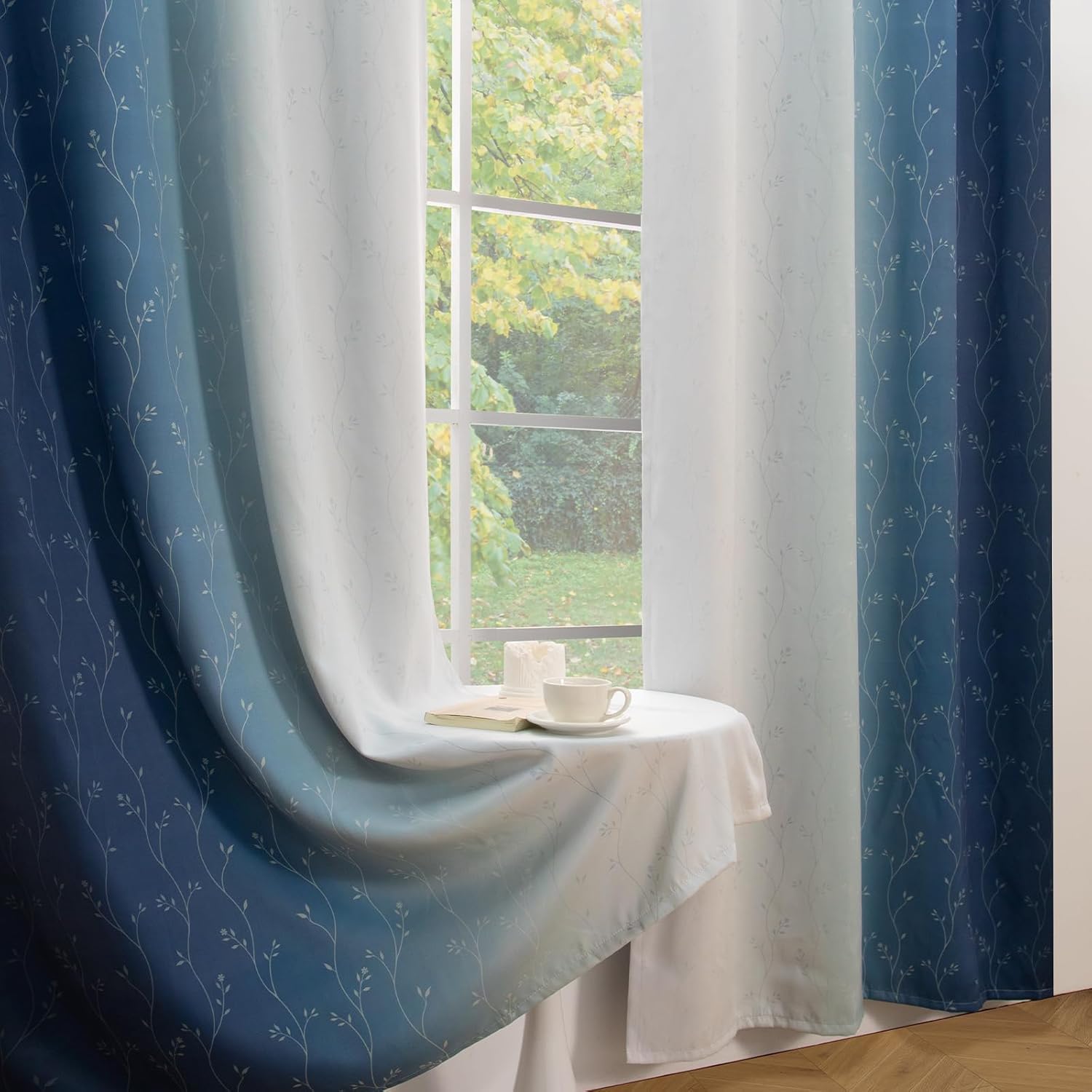 ColorBird Blue Ombre Curtains Floral Blackout Thermal Insulated Window Treatment Modern Patterned Curtain Drapes for Bedroom Living Kitchen Guest Room Essentials 63 Inch Length