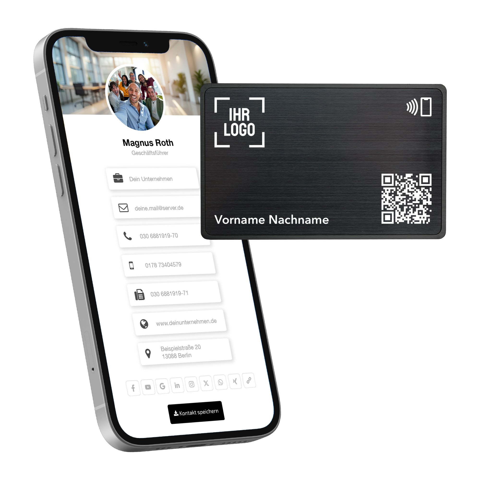 Litfax Digitale NFC Visitenkarte – Metall – NFC Karte inkl. Website & vCard-Profil – Keine monatlichen Gebühren – Kompatibel mit Smartphones (Android und iOS) (Metall Schwarz)