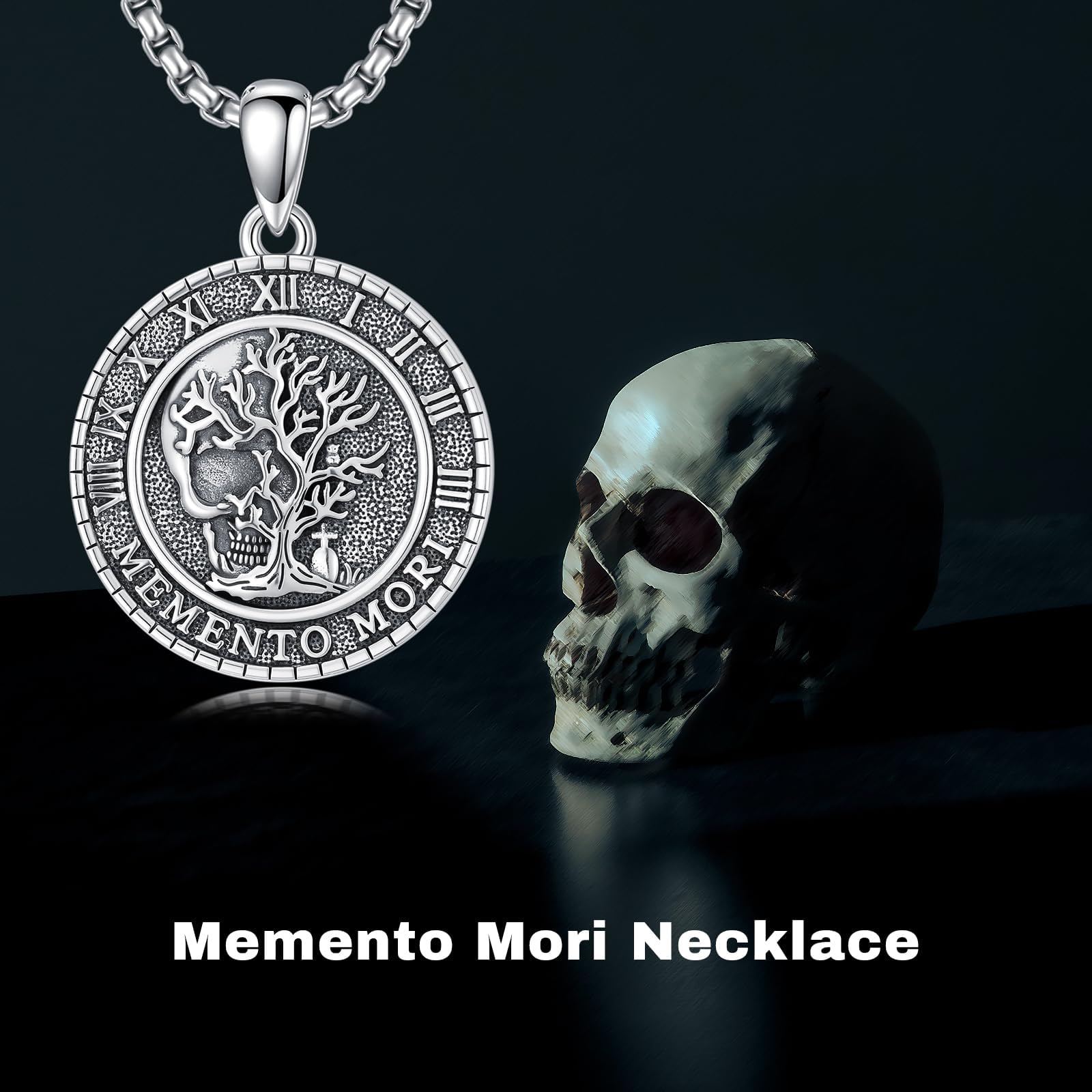 PROESS Memento Mori Kette für Männer 925 Sterling Silber Eule Memento Mori Anhänger Gothic Totenkopf Baum des Lebens Schmuck Geschenke
