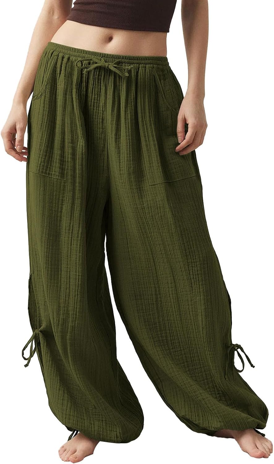 Women's Baggy Cotton Linen Sweatpants Casual Drawstring Boho Lounge Yoga Pants Comfy Loose Hippie Harem Dance Pants