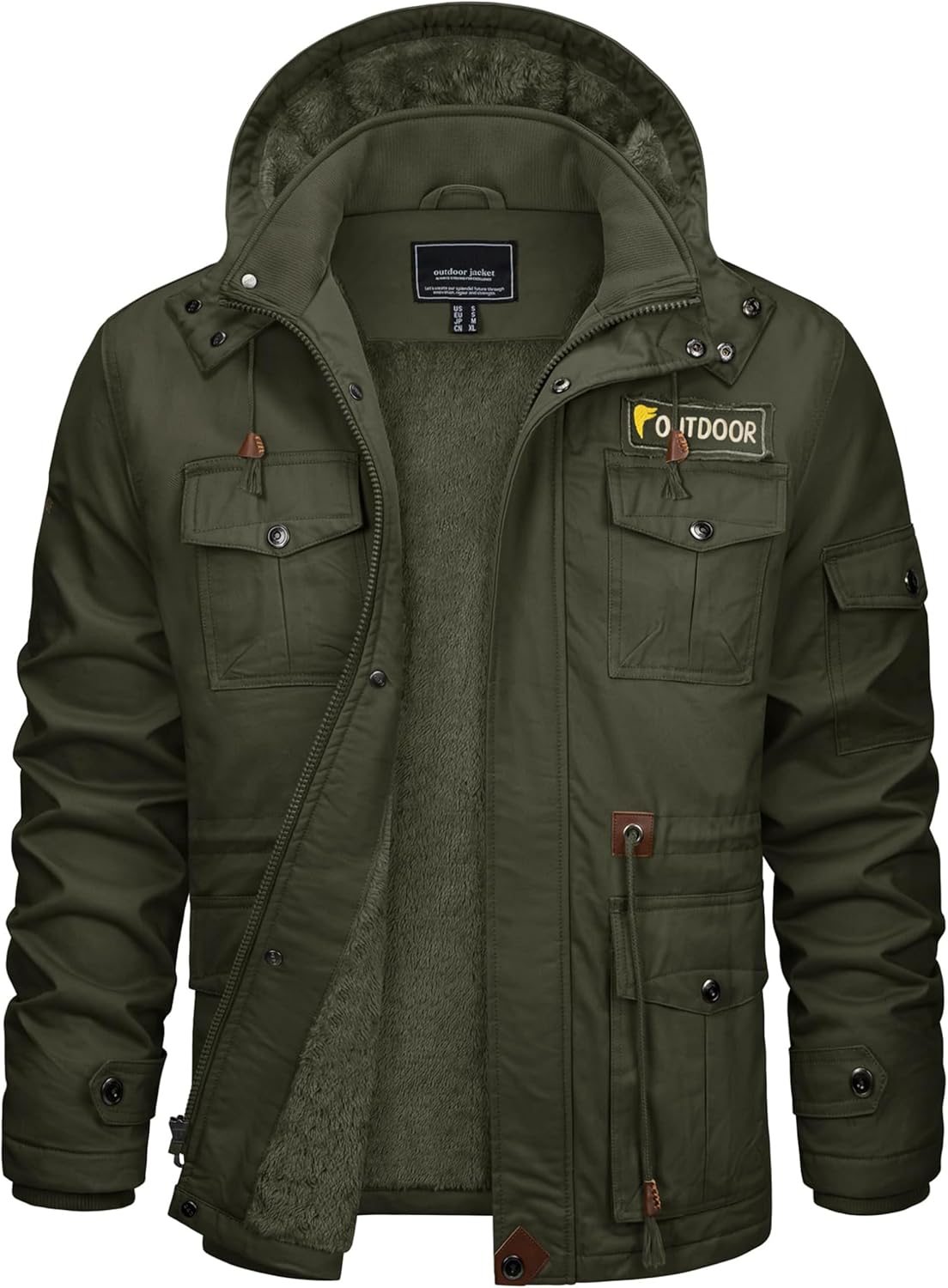 CRYSULLY Men's Winter Jacket Cotton Military Jackets Fleece Lined Thick Warm Cargo Coats Multi-Pocket Outwear with Hooded