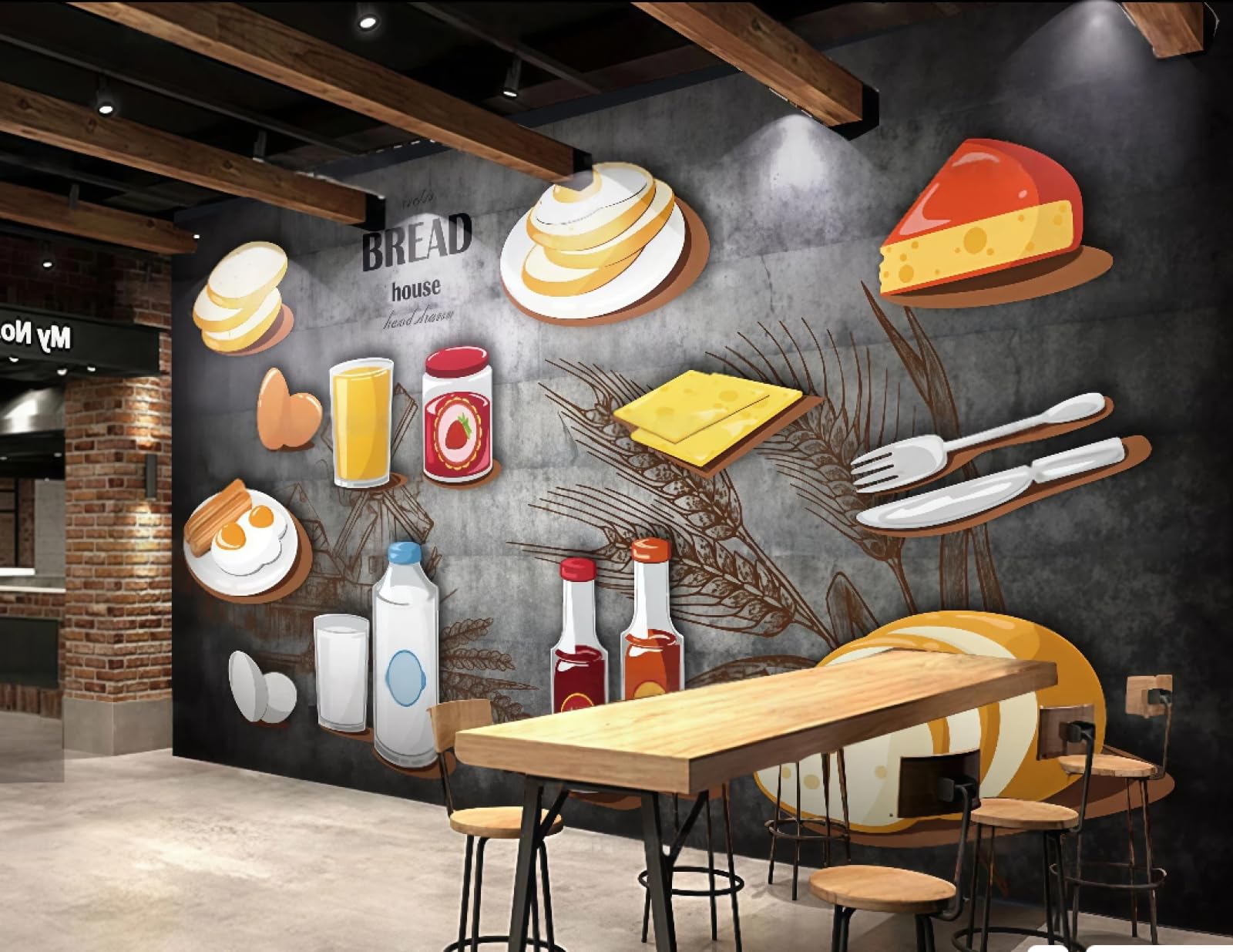 XDOUBAO Wallpaper Retro Nostalgic Cement Wall Bread Pastry Room Burger Snack Bar Afternoon Tea Western Restaurant Background Wall Wallpaper Coffee Shop Mural,3D,150x105cm