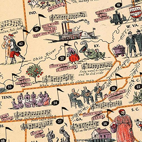Antiguos Maps - Folklore Music History Map Of The United States Circa 1945 - Measures 24 In X 36 In (610 Mm X 915 Mm) #TOP4