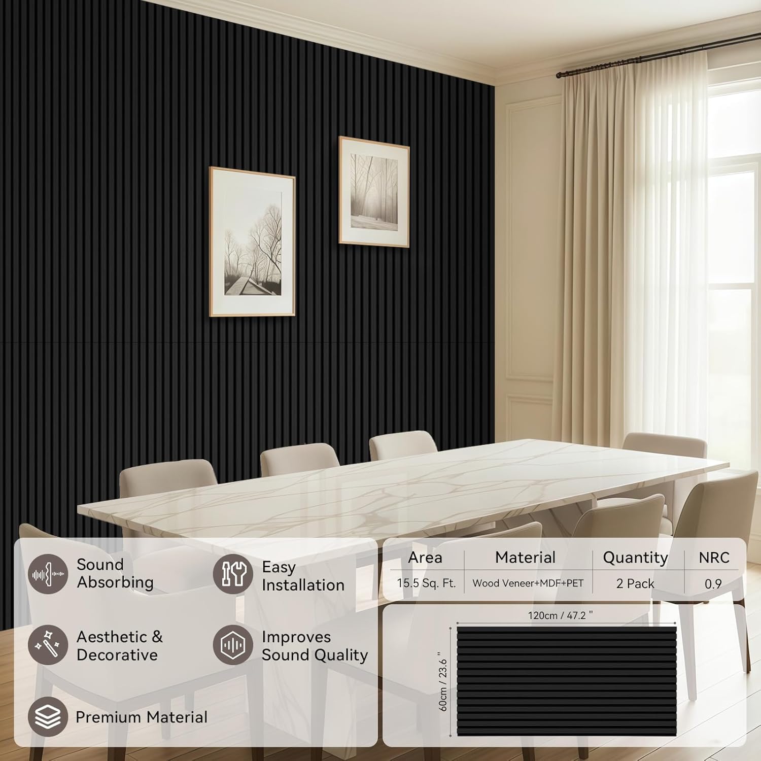 AKK-Stave Acoustic Wood Slat Wall Panels, 47.2" X 23.6" X 0.7" 15.5ft² Sound Absorbing Acoustic Panels for Walls –Wall Panels for Stylish Interiors (22# Black, 2pack -47.2x23.6in)
