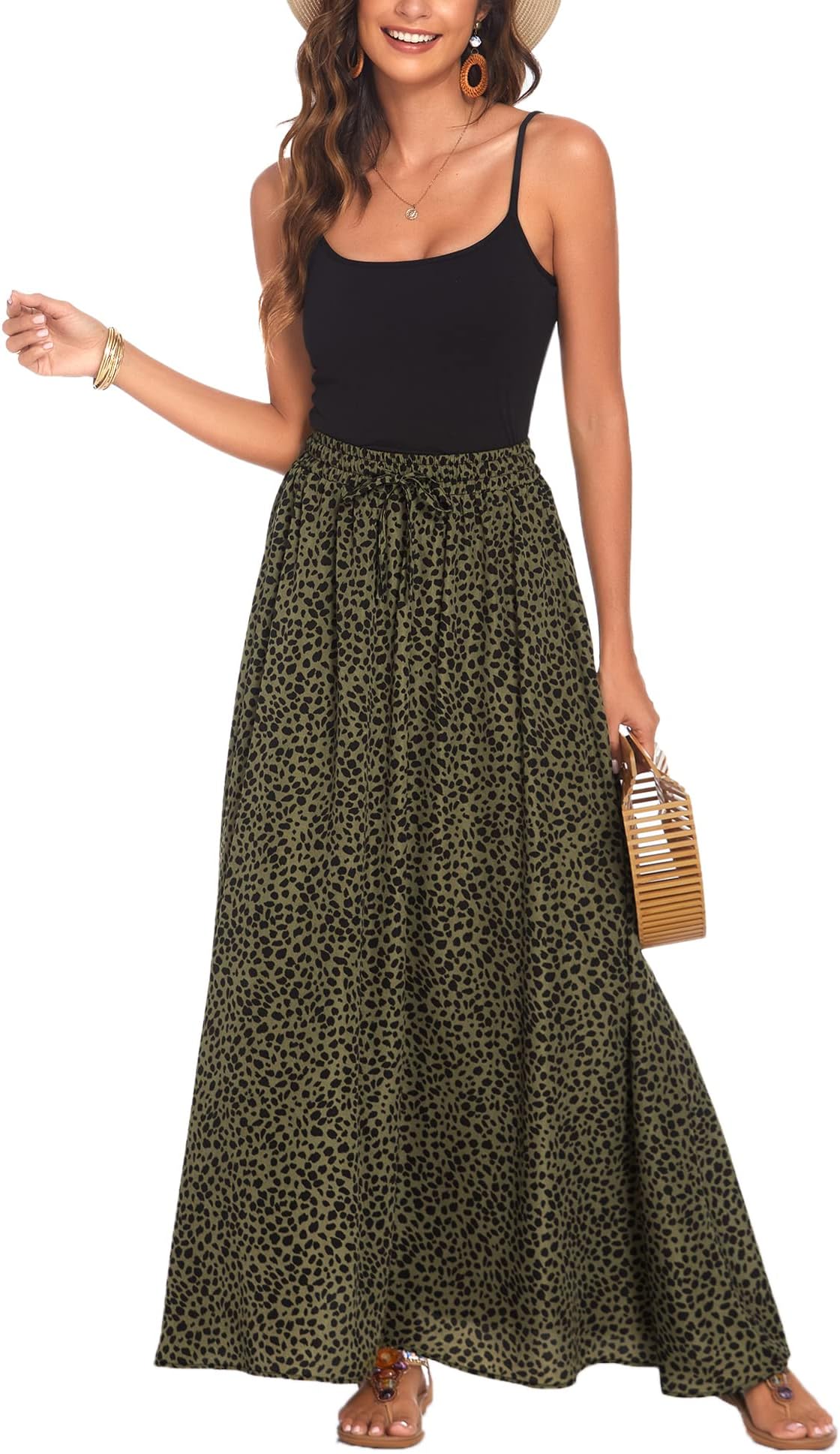 Women Flowy Long Skirts Summer Beach Pleated Elastic High Waisted Casual Maxi Skirts