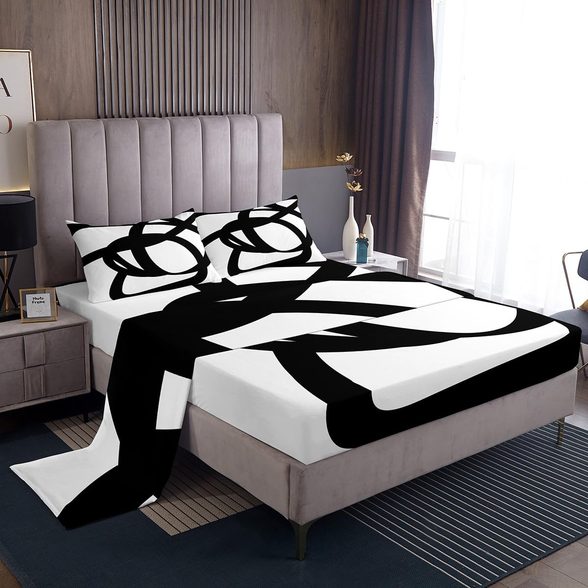 Stripe Line Sheet Set King Size Kids Geometric Sheets with Deep Pocket Fitted Sheet for Boys Girls Teens Black and White Bed Sheets Set Breathable Abstract Bedding Set Room Decor Modern Art Bed Set