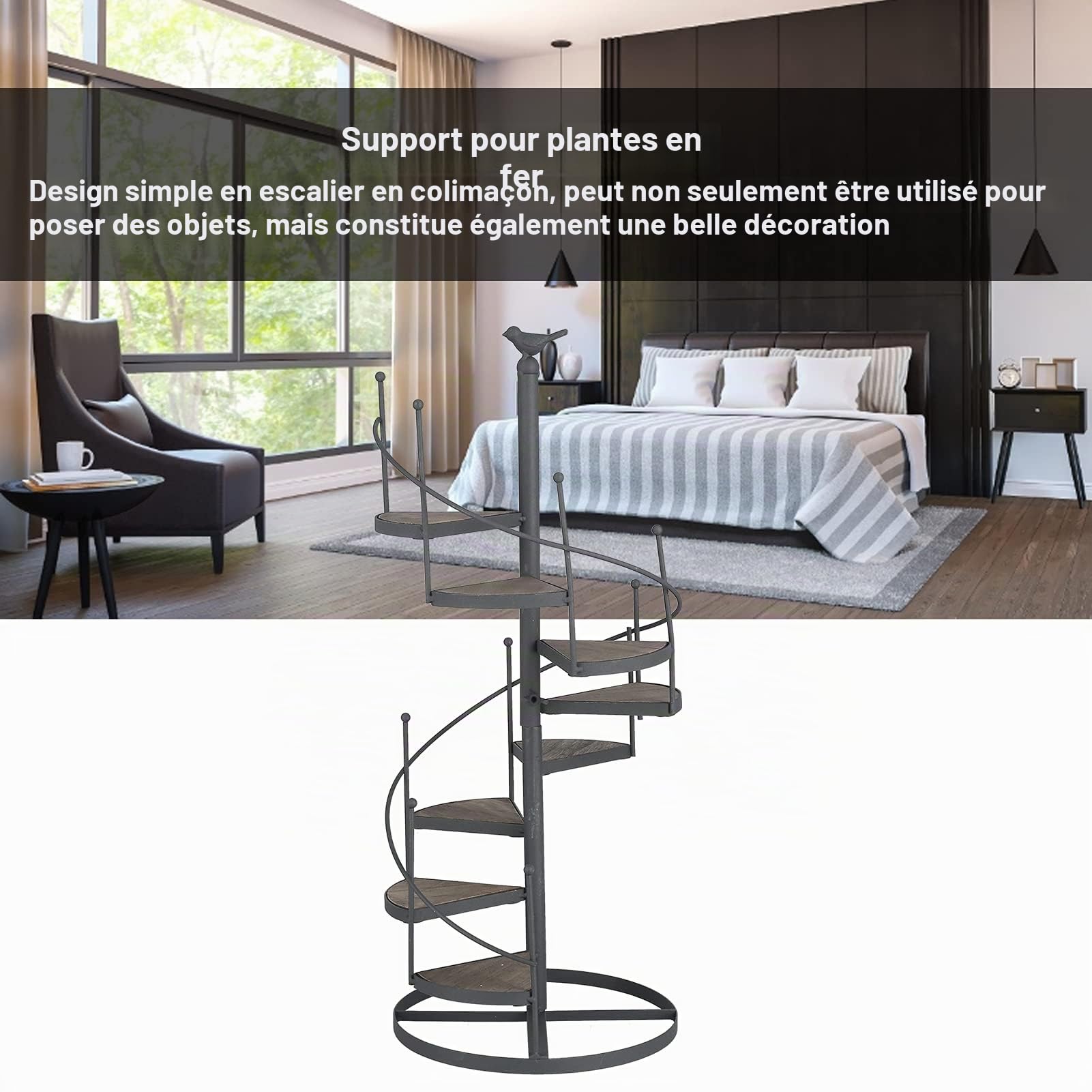 Cocoarm Support Plantes Bois Fer Spirale Moderne, 2 Pièces