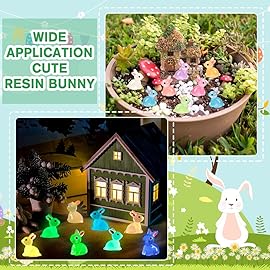 DULEFUN 70pcs Easter Luminous Mini Resin Bunny 7 Colors Little Small Glow in The Dark Rabbit Bunny Figures for Dollhouse Micro Fairy Garden Decor Easter Egg Fillers Party Favors Supplies