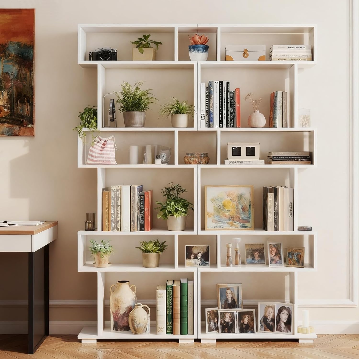 POWERSTONE 6-Tier S Shaped Bookshelf, Geometric Bookcase with 2 Anti-Tipping Kits, Wooden Storage Shelving Unit, Freestanding Display Shelf for Living Room, Office, Bedroom White