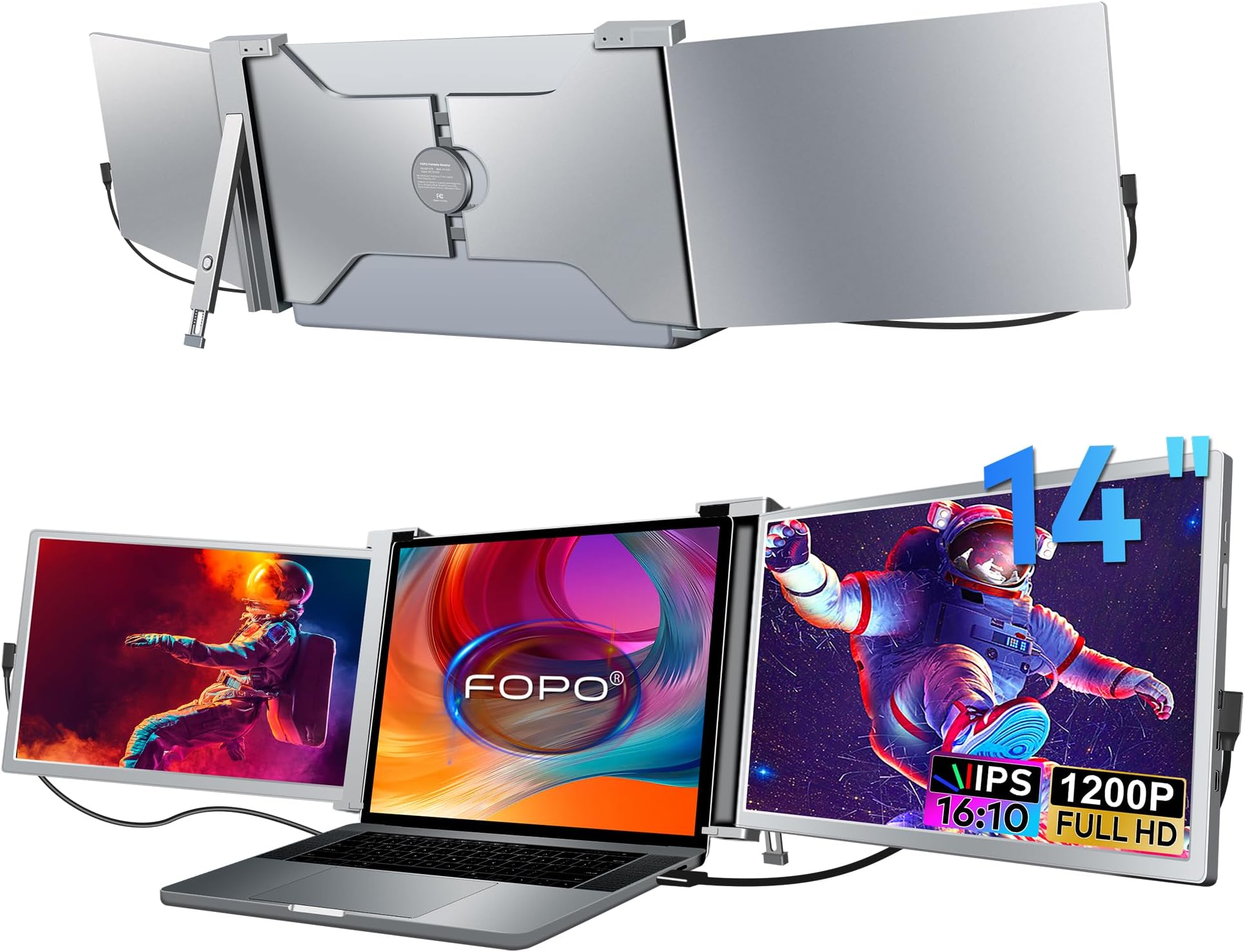 FOPO 14" Triple Laptop Screen Extender, FHD 1200P IPS Portable Monitor for 15-17.3" Laptops, Plug and Play Travel Laptop Monitor Extender Display for Win/MAC/Android, with HDMI/USB-C - S15 Grey
