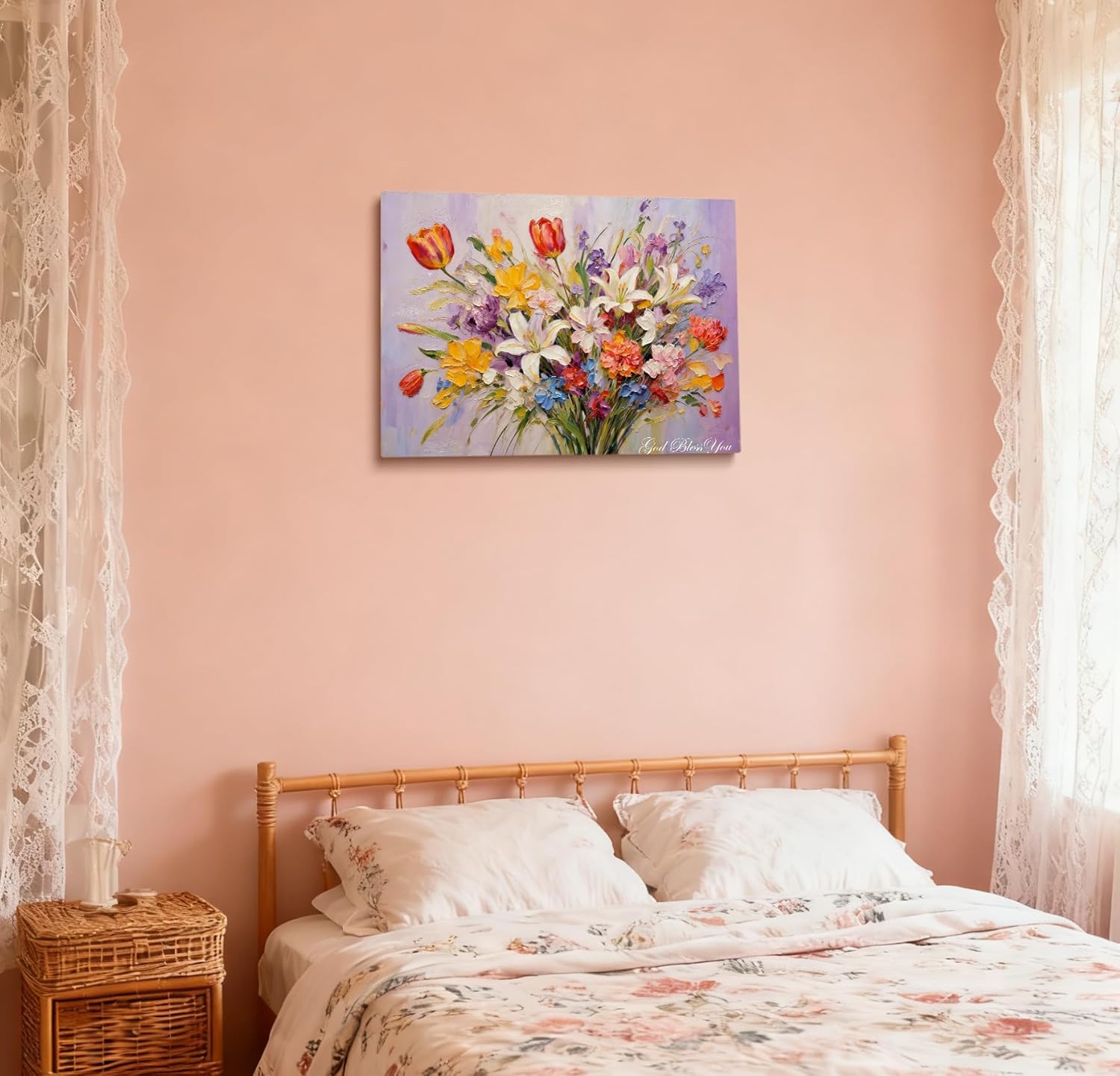 16x24 Inch God Bless You Colorful Flower Canvas Wall Art Painting- Floral Bouquet Wall Decor Poster, Rustic Tulip Lily Flower Artwork for Living Room Bedroom Bathroom Kitchen Office Home Decoration