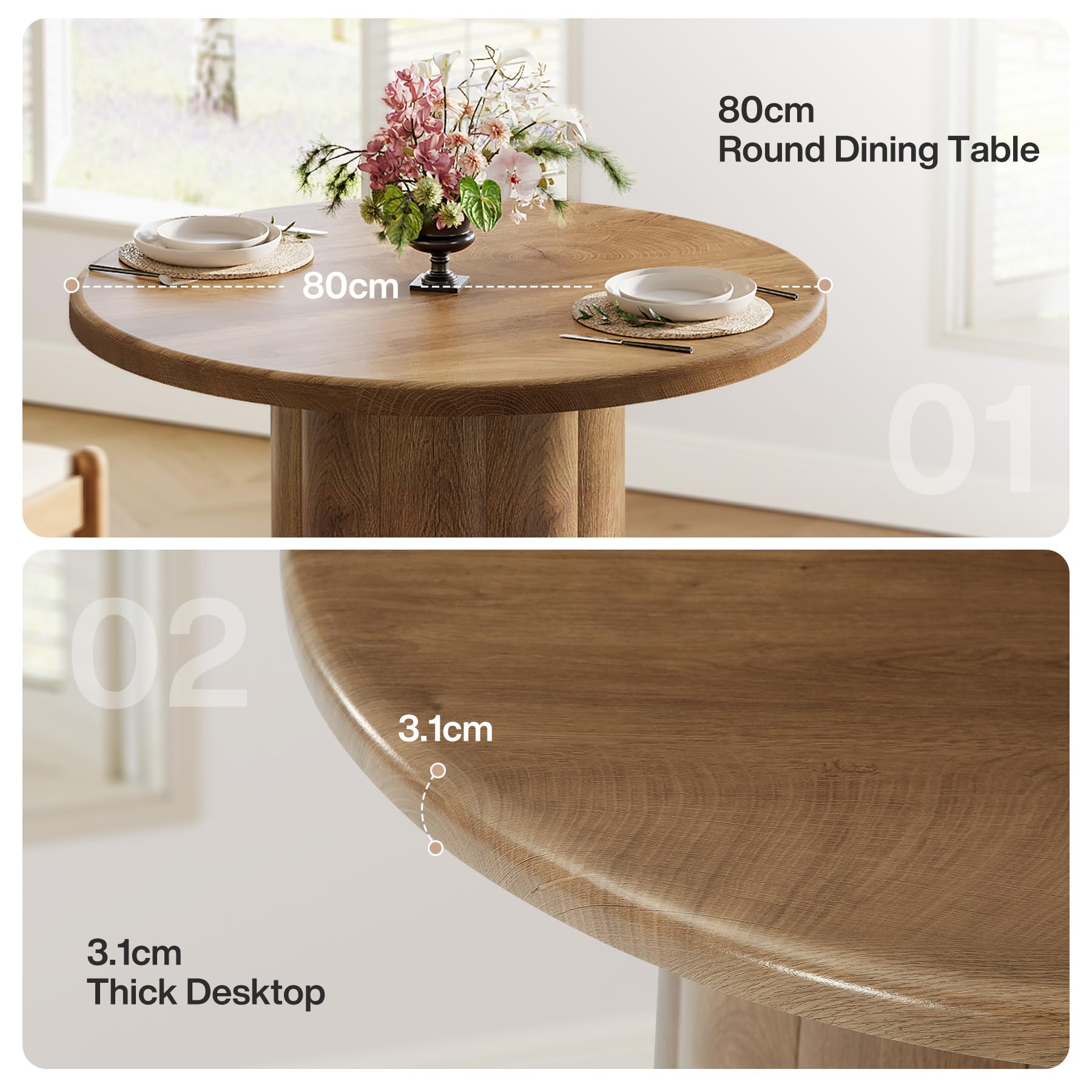 Tribesigns Table à Manger Ronde 80 cm pour 2-4 Personnes, Petite Table de Cuisine avec Base Solide pour Salle à Manger, Salon (Marron)