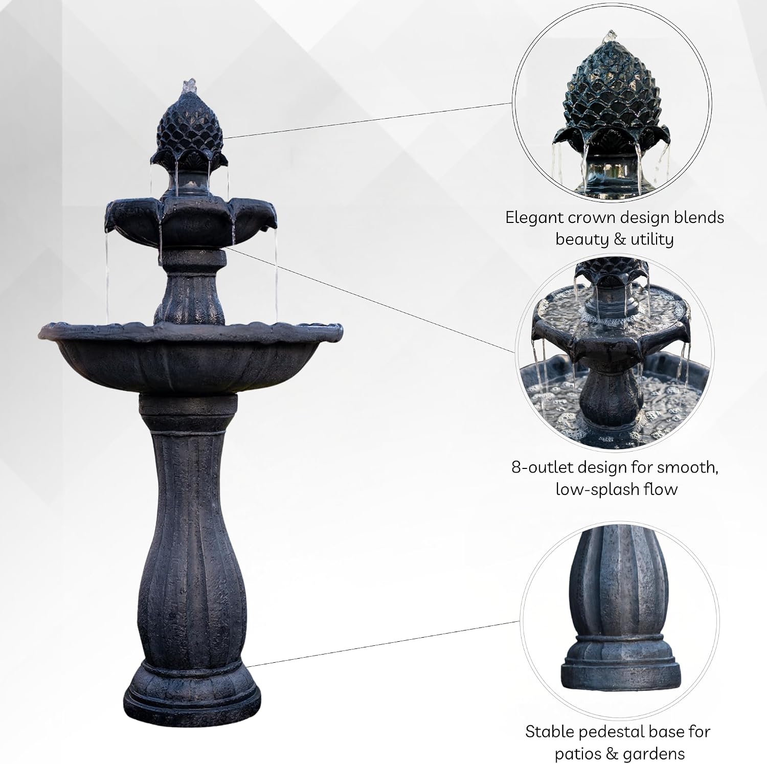 XBrand 44" Solar Powered Outdoor Fountain, Elegant 2-Tier Cascading Water Feature, Fiberglass Resin Garden & Patio Fountain with Solar Panel - Black