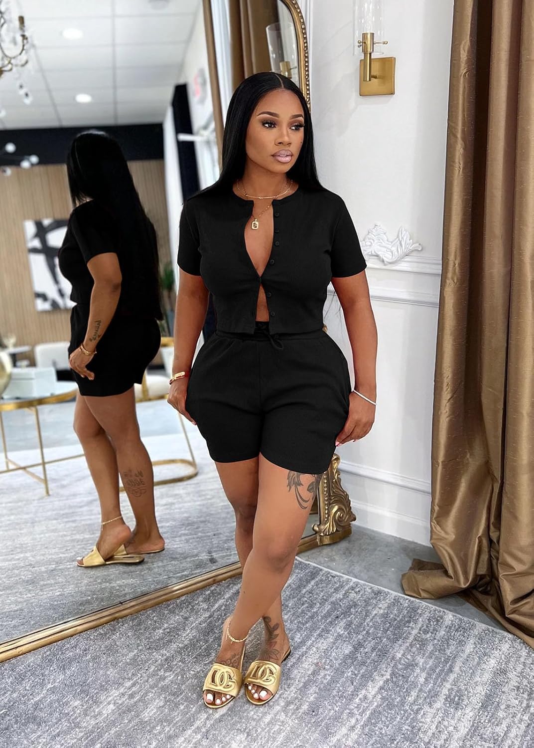 Vssjavun Women's 2 Piece Outfits Ribbed Knit Button Down Short Sleeve Top Bodycon Short Sets Matching Sets Loungewear - Image 5