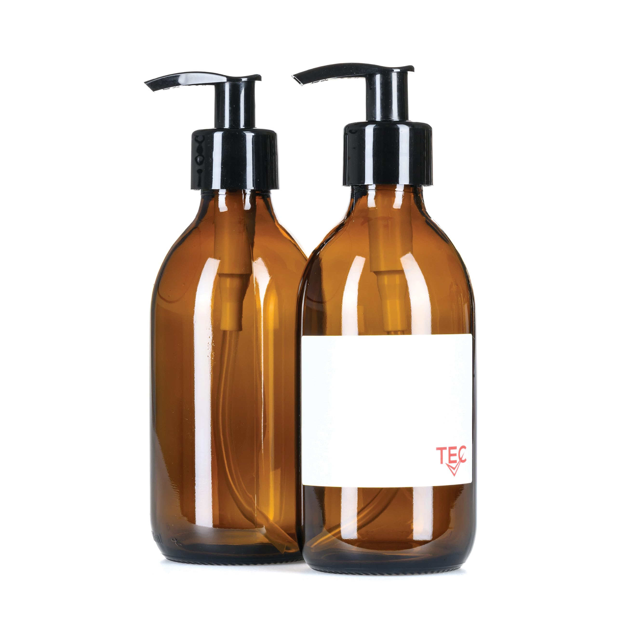 TEC 300ml Bottles Amber Glass 65% Recycled with Pumps UK Made Small Soap Dispenser for Handwash Recyclable Refillable Labels Wrapped in Brown Sustainable Paper (2)