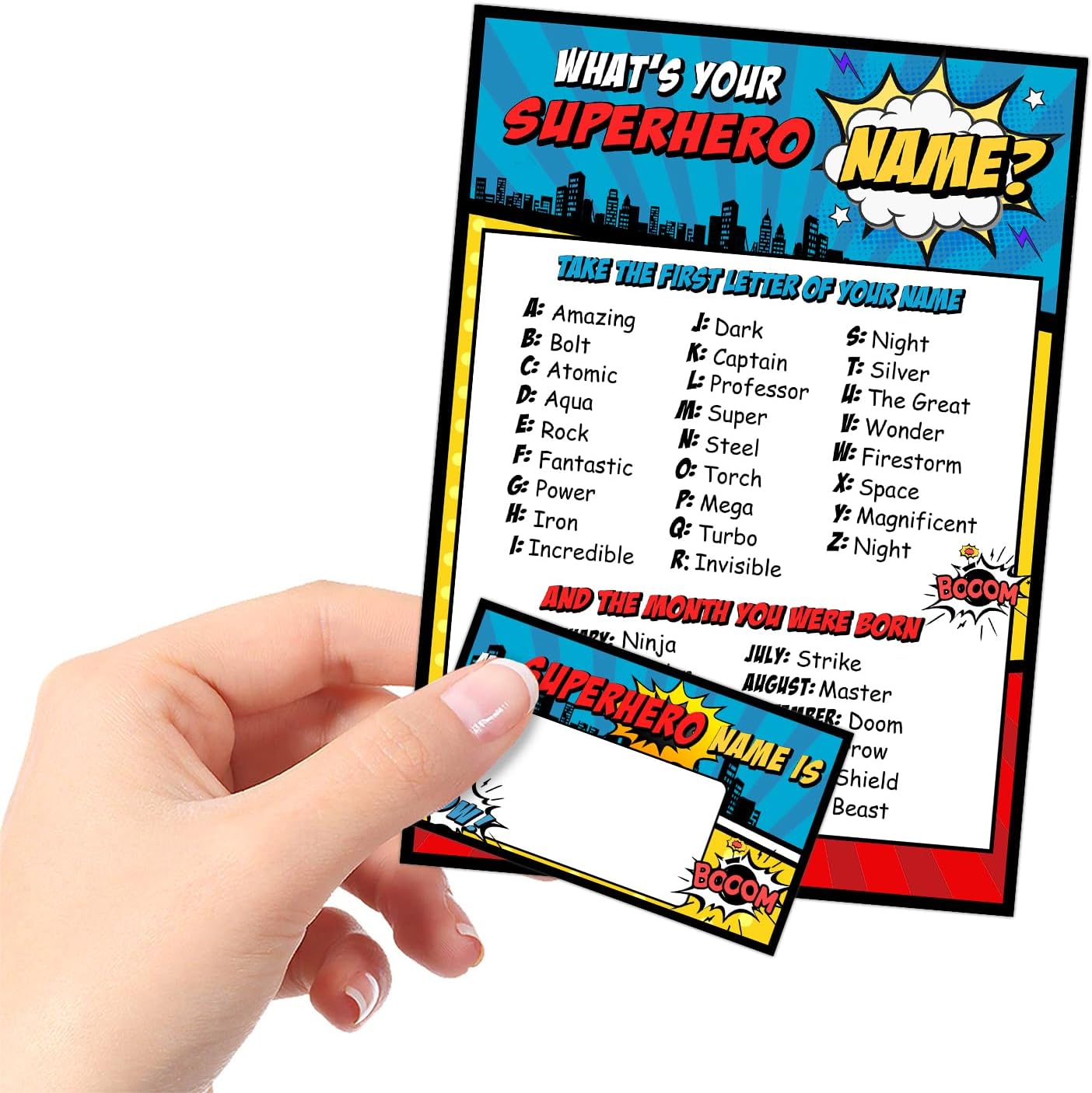 What is Your Superhero Name Game, Game Sign and 30 Cards, Superhero Birthday Party Sign for Boys, Holiday Activity, Kids Superhero Activity Cards, Superhero Activity Decoration Supplies