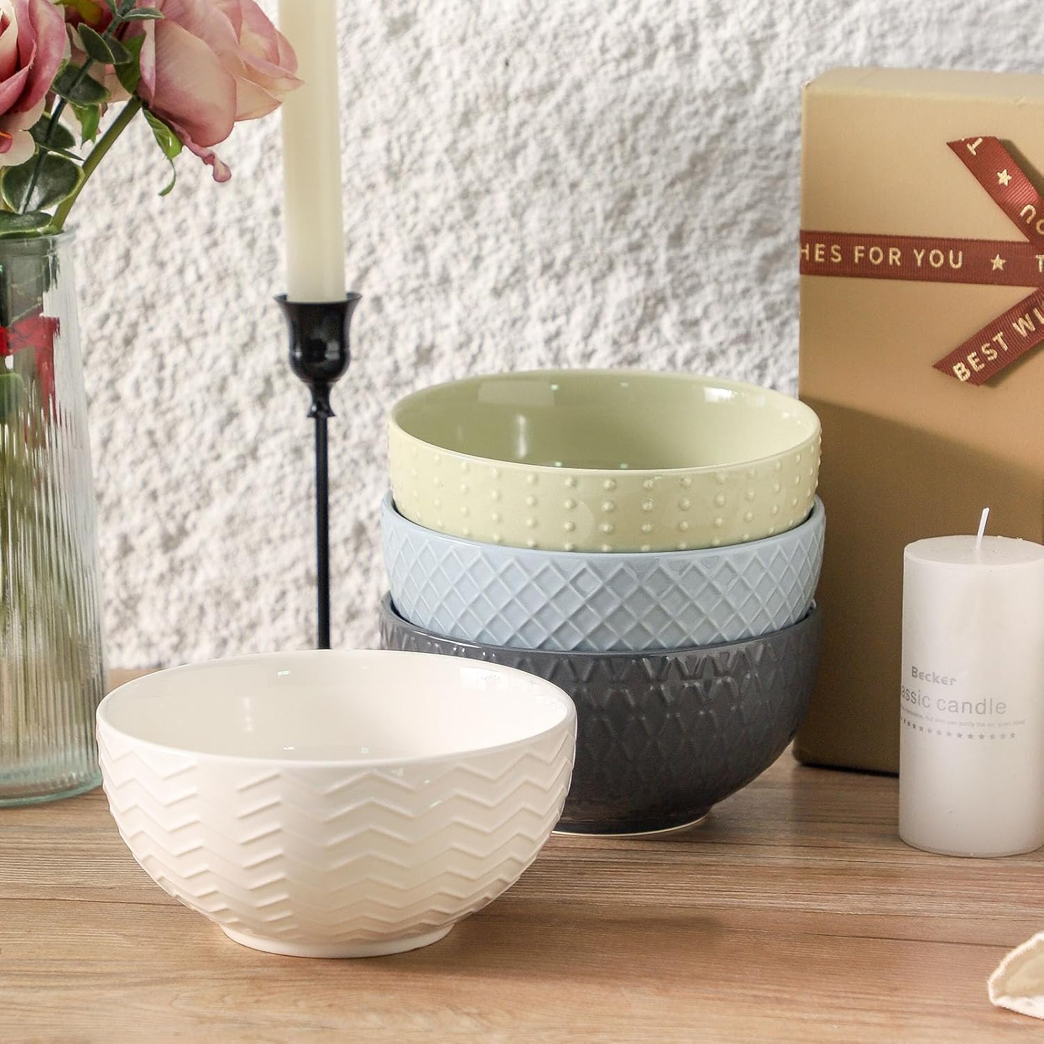 HASENSE Ceramic Cereal Bowls Set of 4, 26 OZ Soup Bowls, Embossed Stoneware Porcelain Bowls for Cereal, Soup, Oatmeal, Salad, Noodles & Rice, Microwave & Dishwasher Safe, Multi-Color - Image 5