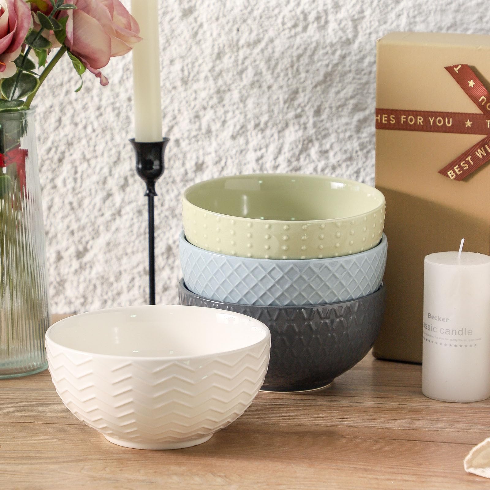 Hasense Juego de 4 cuencos de cerámica de 26 onzas para cocina, cuencos de porcelana en relieve para sopa, cereales, avena, fruta, ensalada, fideos y arroz, aptos para microondas y lavavajillas,