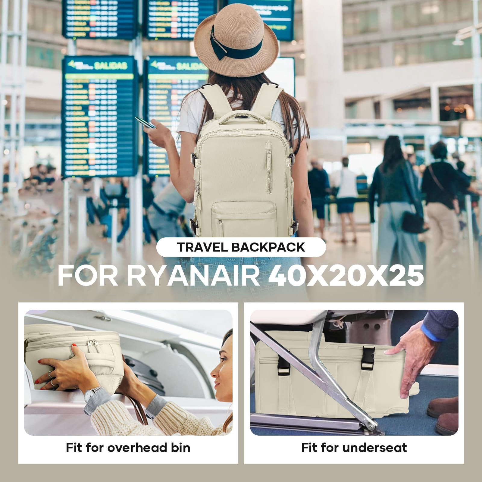 Zaino da Viaggio per Ryanair 40x20x25 Bagaglio a Mano Zaino Borse da Cabina per Ryanair Il Sedile Zaino Aereo Bagaglio a Mano Donna Borsa Cabina Viaggio Zaino Travel Viaggio Casual Daypack,X5-Beige