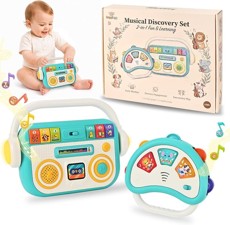 Juguetes musicales para bebés, reproductor de música 2 en 1 y pandereta iluminada 12M+ | Set de regalo de instrumentos sensoriales de aprendizaje temprano, 33 sonidos y luces intermitentes para niños pequeños de 1 a 3 años, cumpleaños, Navidad
