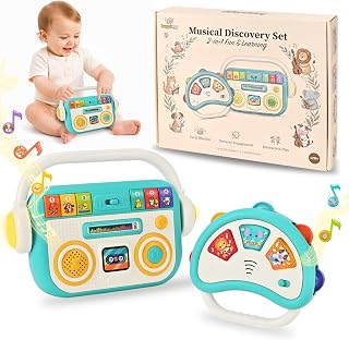 Juguetes musicales para bebés, reproductor de música 2 en 1 y pandereta iluminada 12M+ | Set de regalo de instrumentos sensoriales de aprendizaje temprano, 33 sonidos y luces intermitentes para niños pequeños de 1 a 3 años, cumpleaños, Navidad