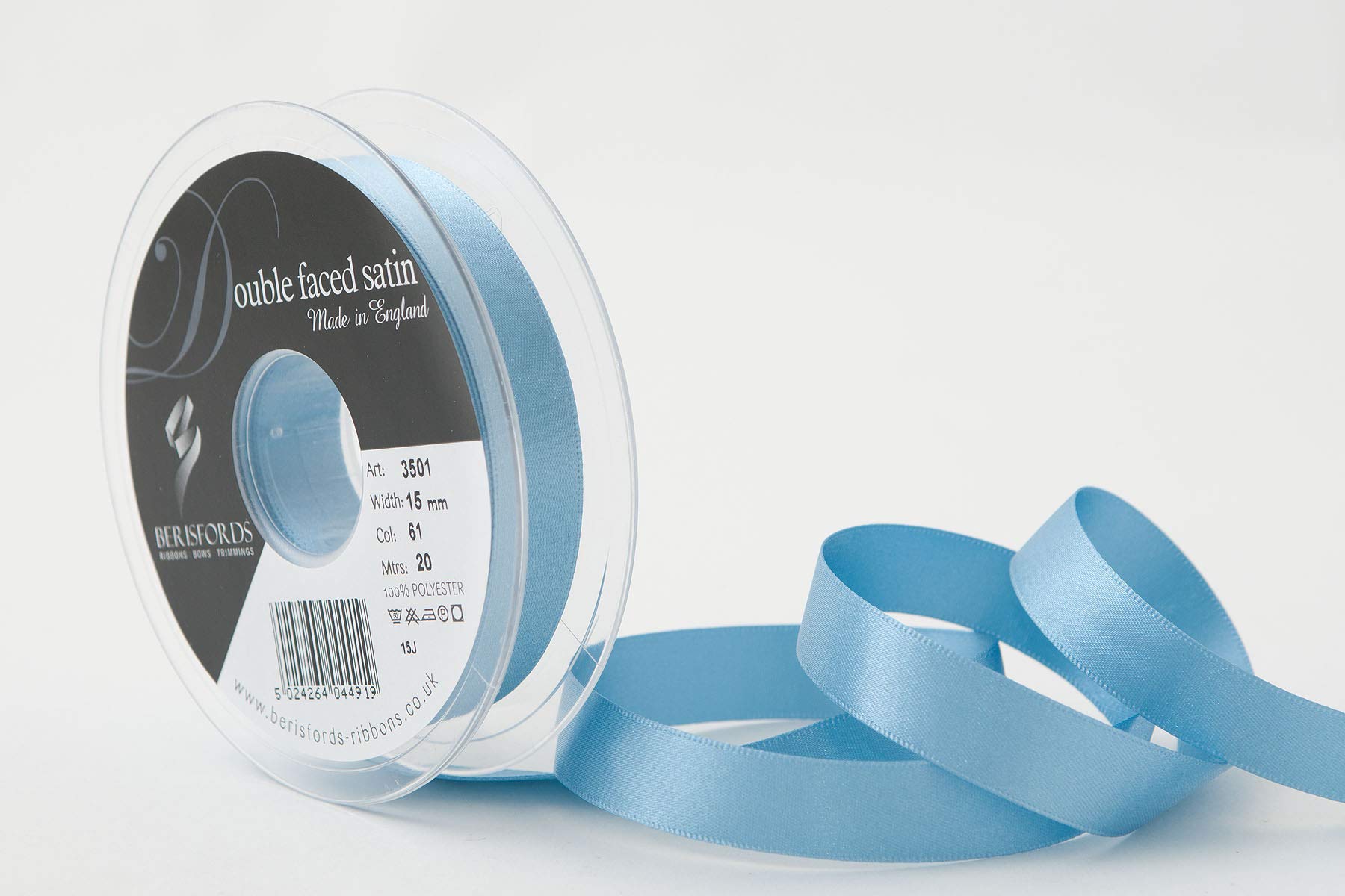 Berisfords Double FACE Poly Satin Ribbon, Dusky Blue, 15 mm