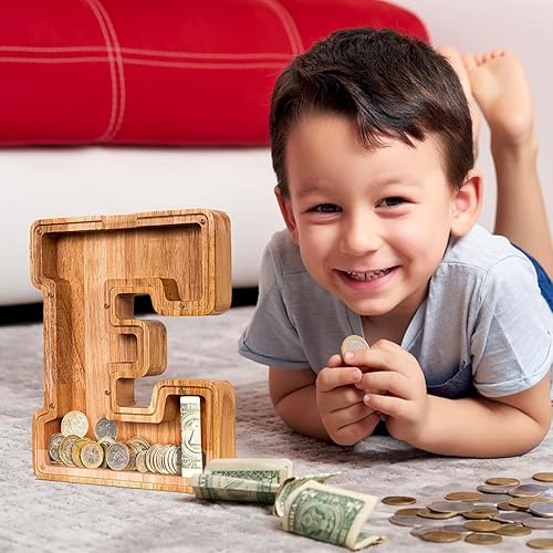 Miniatura 7 de SummiDate Alcancía de madera con nombre, niños y niñas, tamaño grande, letras alfabeto A-Z, monedas y billetes, inicial en cubierta transparente