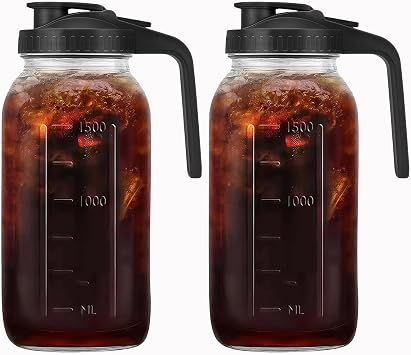 2 Pack 64oz 2 quart Glass Pitcher with Handle and Lid, Mason Jar Pitcher