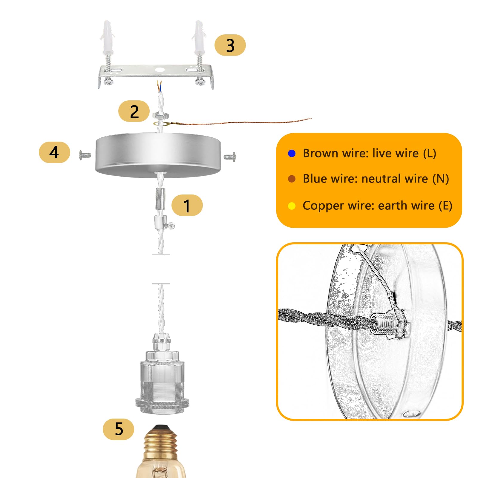 2 Piezas Soporte de Techo Lámpara E27 Metal Para Lámparas Colgante con Cable Ajustable 150cm Dorado Iluminación Colgante con Anillo Roscado Compatible Pantalla