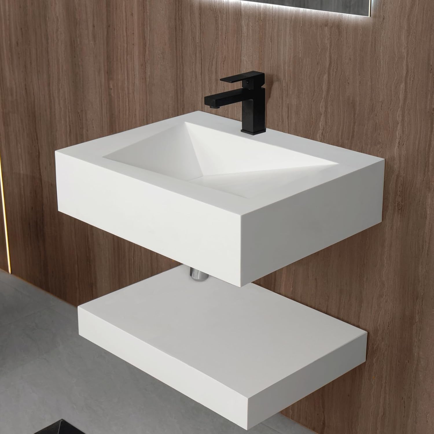 Gesipor 24”x19" Wall-Mount Stone Resin Bathroom Sink Rectangular Vessel Sinks for Bathroom Floating Vanity Sink Trough Modern Art Basin with Shelf Layer
