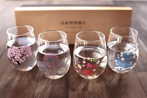 Miniatura 5 de 丸モ高木陶器 Juego de vasos de cristal japoneses que cambian de color, vasos multiusos de floración mágica, flor de cerezo, fuegos artificiales, hojas de
