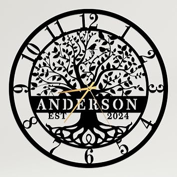 Personalized Family Tree of Life Metal Wall Clock - Custom Last Name Engraved Wall Art, Custom Metal Clock,Large Modern Home Decor for Housewarming, Wedding