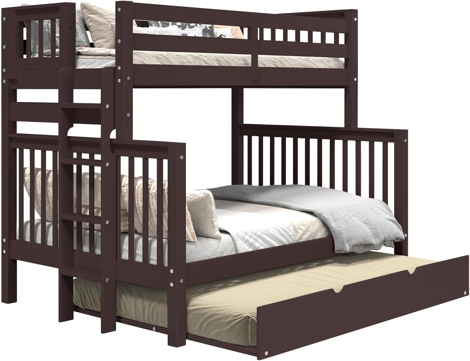Bedz King Bunk Beds Twin Over Full Mission Style, End Ladder, Full Trundle, Dark Cherry