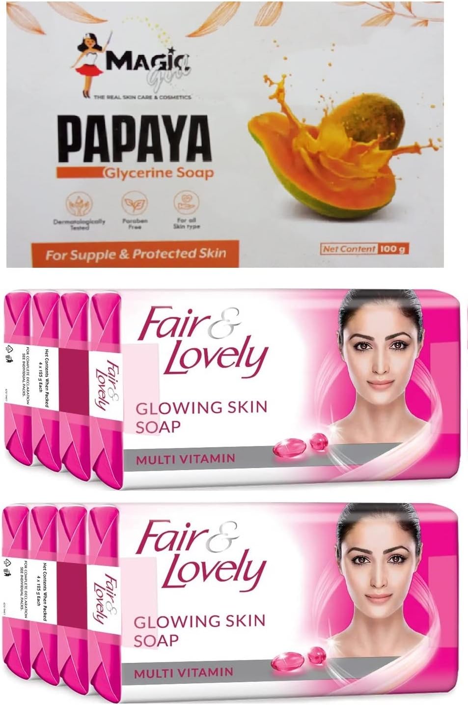 FAIR AND LOVELY SOAP 45GRM 8PC AND MAGIC GIRL PAPAYA SOAP 100GRM