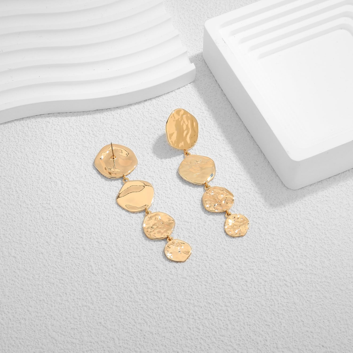 Gold Earrings For Women With Four Hammered Circle Round Gold Leaf Earring Worn Gold Dangle Drop Earrings Statement Earrings Fashion Jewelry - Image 6