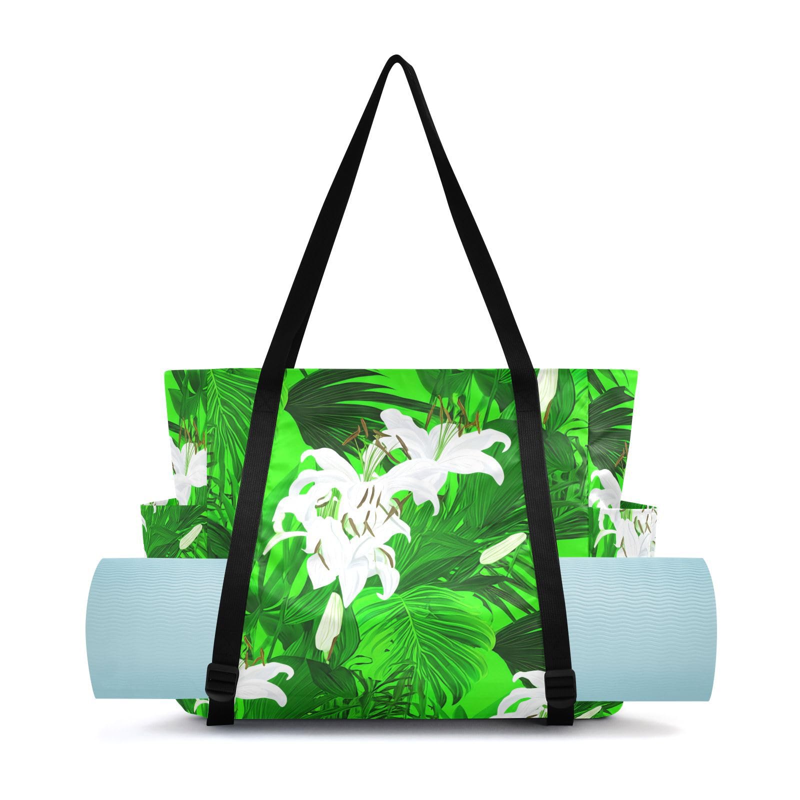 Lxqimora Lilies Leaves Refreshing Green Yoga Mat Bag for Women Water-Resistant Gym Bag with Yoga Mat Holder Tote Bag for Office Travel Yoga Pilates