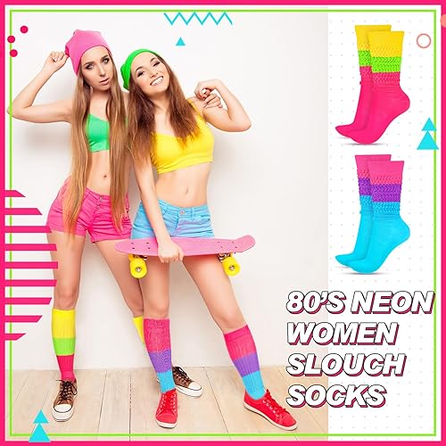 Miniatura 5 de JenPen 2 pares de calcetines de neón para mujer de los años 80 y 90, calcetines suaves extra largos de tamaño 9 a 10
