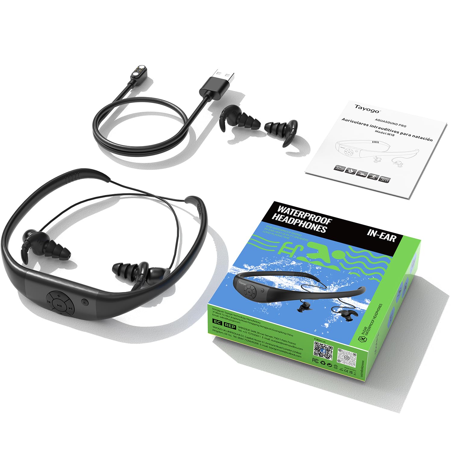 Tayogo Ecouteur Natation，Bluetooth 5.3, Ecouteur Waterproof Natation, Mémoire 32G Intégrée, Lecteur MP3, Étanche IPX8, Écouteur Natation pour Course à Pied, Natation, Cyclisme