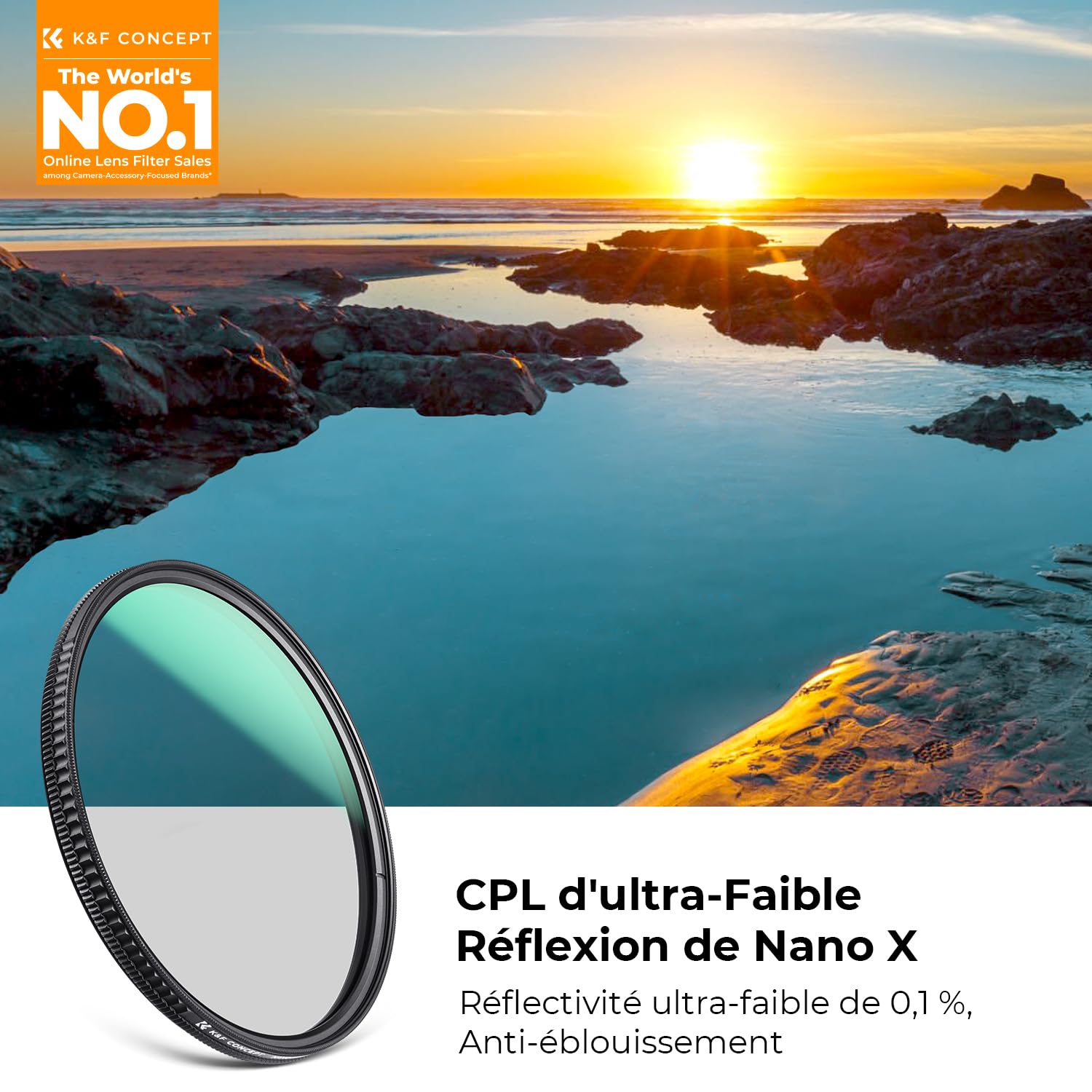 K&F CONCEPT Filtre Polarisant CPL 58mm Nano-X HD Fin Réduit l'éblouissement Améliore Le Contraste pour Objectif Appareil Photo